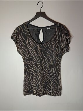 Deb  Vintage Sheer Black Short Sleeve Top with Metallic Gold Animal Print